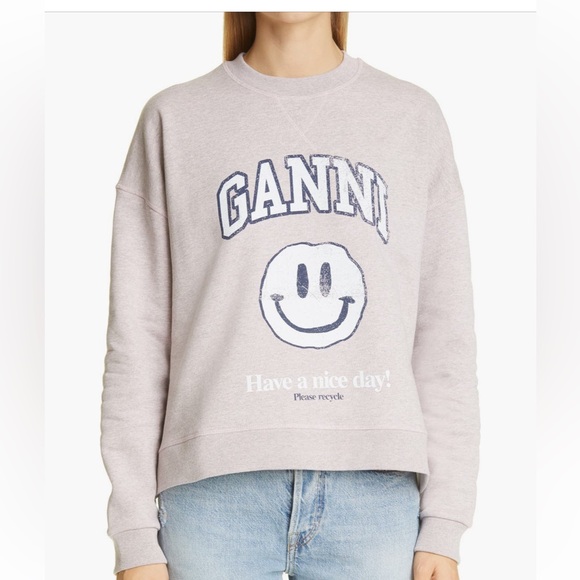 Ganni Isoli Smiley Face Logo Sweatshirt sz S/M - Picture 1 of 6